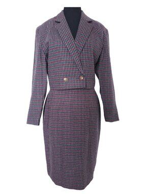 Vintage Wool Blend Skirt Suit Set Made in UK – Plaid Houndstooth Blazer & Skirt
